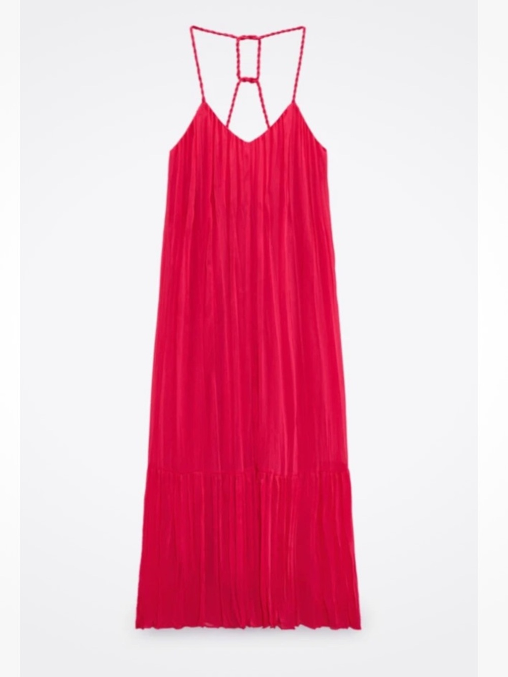 NWT ZARA Bright Fuchsia Flowy Braided Strap Low Back Maxi Dress Size Small